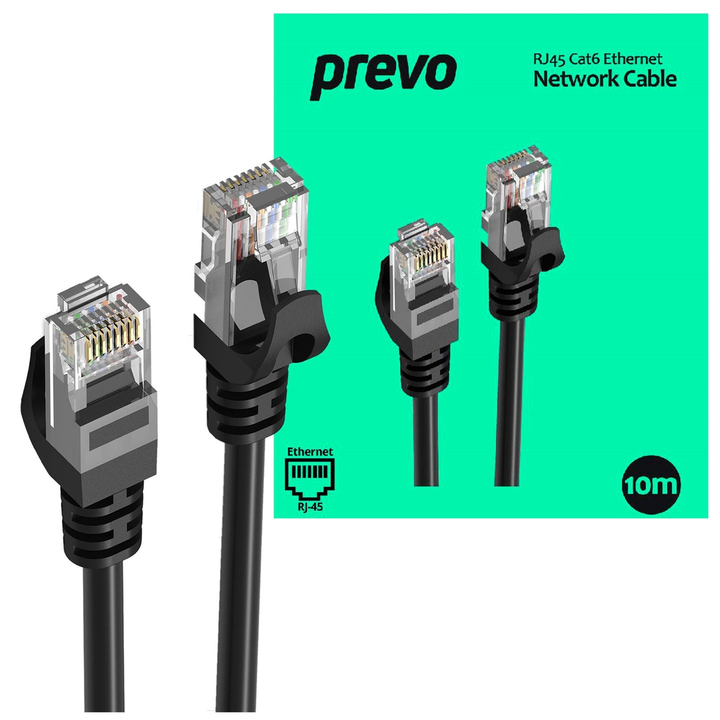 Prevo CAT6-BLK Network Cable, RJ45 (M) to RJ45 (M), CAT6, Black, Oxygen Free Copper Core, Sturdy PVC Outer Sleeve & Clip Protector, Retail Box Packaging
