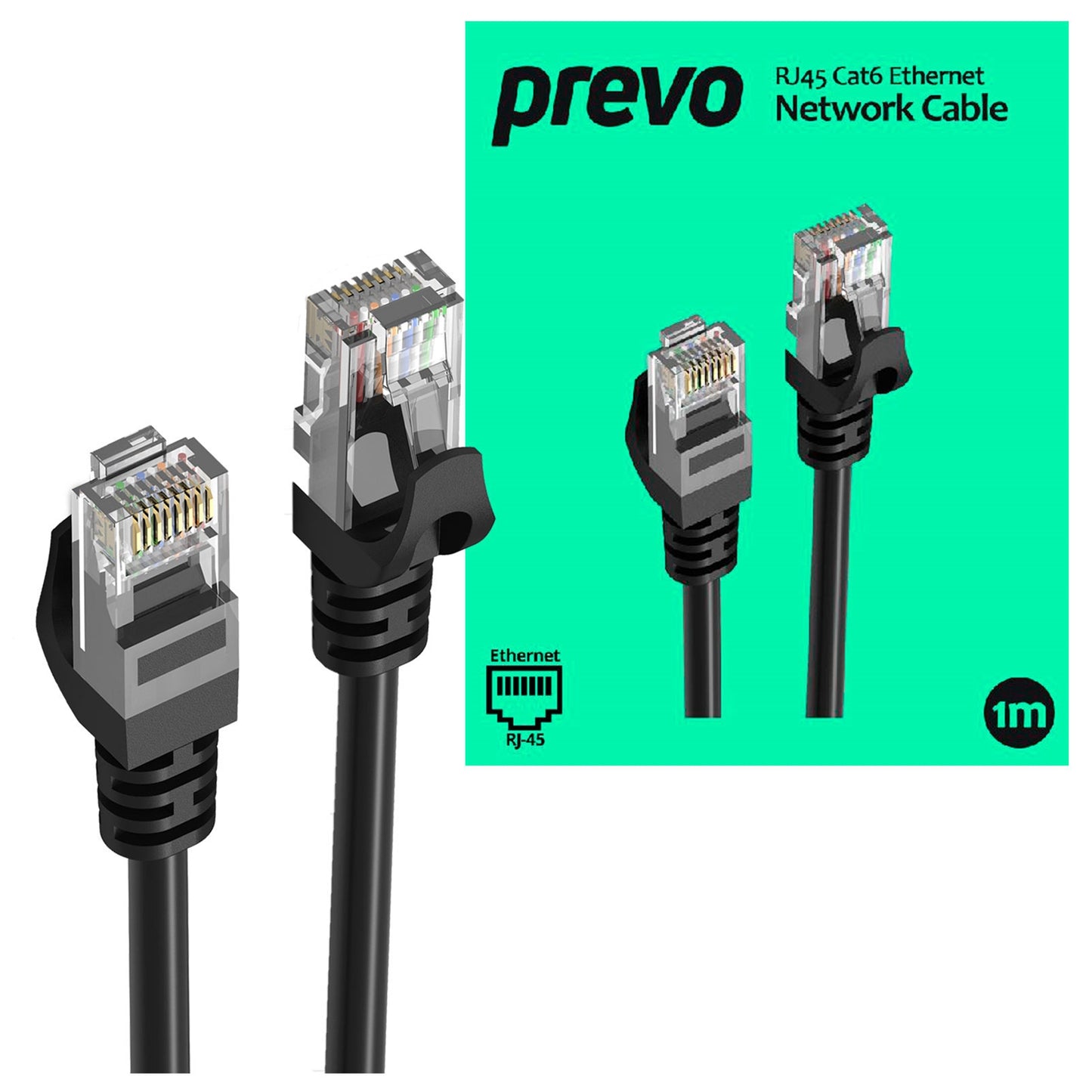 Prevo CAT6-BLK Network Cable, RJ45 (M) to RJ45 (M), CAT6, Black, Oxygen Free Copper Core, Sturdy PVC Outer Sleeve & Clip Protector, Retail Box Packaging
