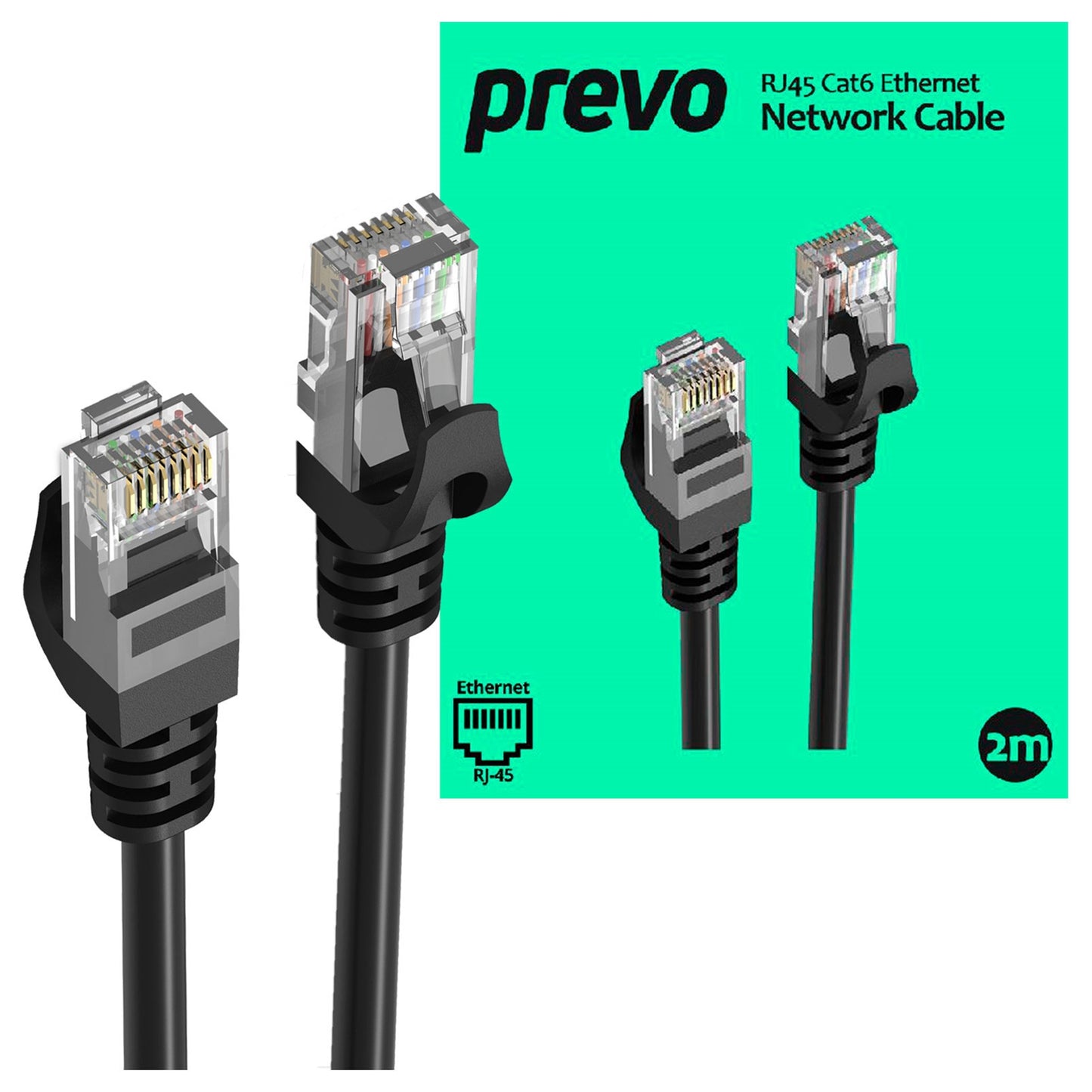 Prevo CAT6-BLK Network Cable, RJ45 (M) to RJ45 (M), CAT6, Black, Oxygen Free Copper Core, Sturdy PVC Outer Sleeve & Clip Protector, Retail Box Packaging