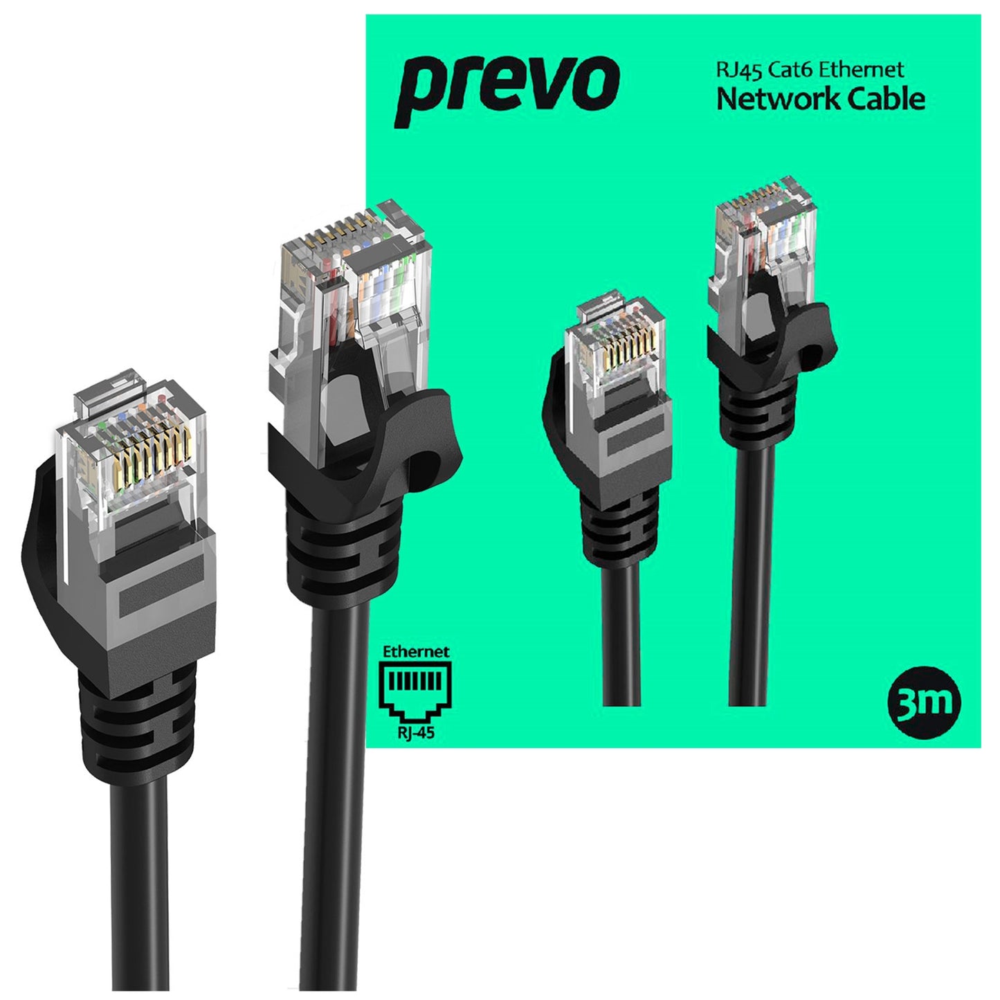 Prevo CAT6-BLK Network Cable, RJ45 (M) to RJ45 (M), CAT6, Black, Oxygen Free Copper Core, Sturdy PVC Outer Sleeve & Clip Protector, Retail Box Packaging