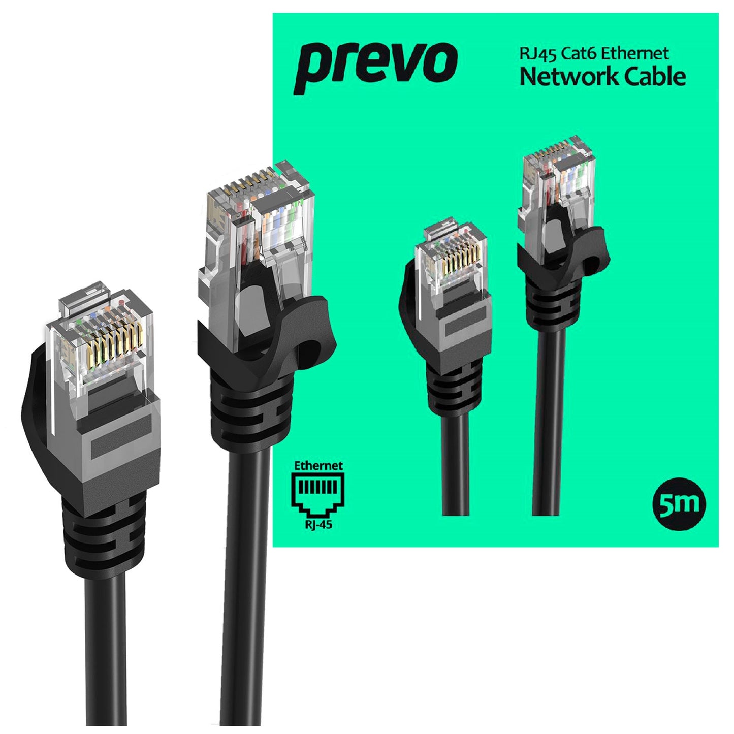 Prevo CAT6-BLK Network Cable, RJ45 (M) to RJ45 (M), CAT6, Black, Oxygen Free Copper Core, Sturdy PVC Outer Sleeve & Clip Protector, Retail Box Packaging