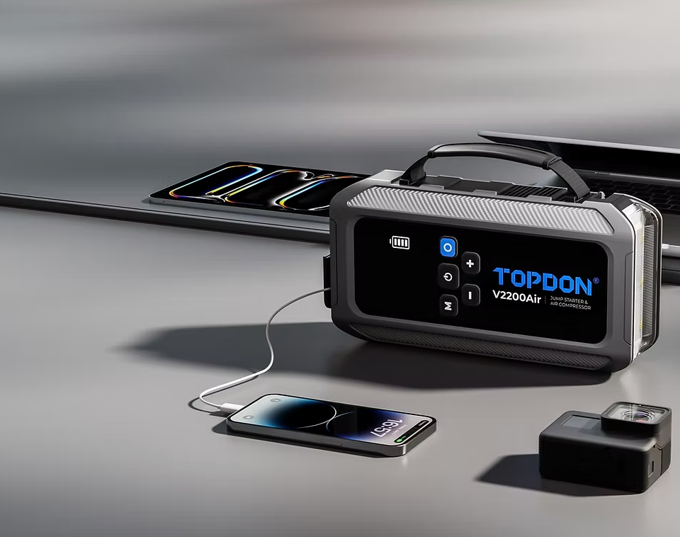 Topdon V2200Air Car Battery Charger Jump Starter Tool Air compressor Tyre Pump Power Bank