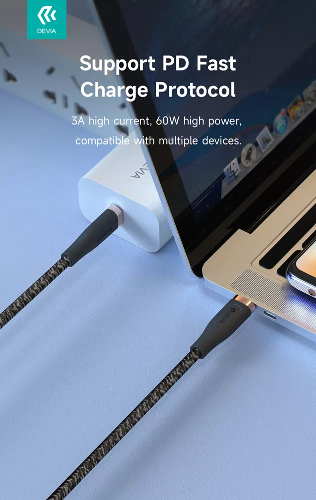 Devia - 1.5m (60W) Power Delivery Woven Gold Plated USB-C to USB-C Cable - Black