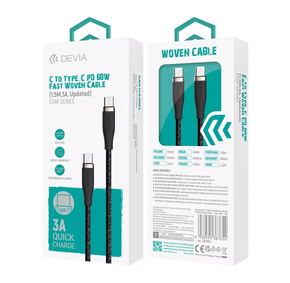Devia - 1.5m (60W) Power Delivery Woven Gold Plated USB-C to USB-C Cable - Black