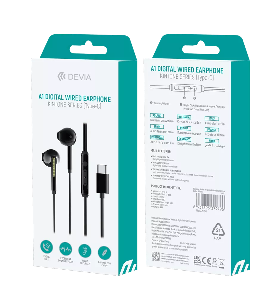 Devia - USB-C Earphones with Microphone & Volume Control - Black