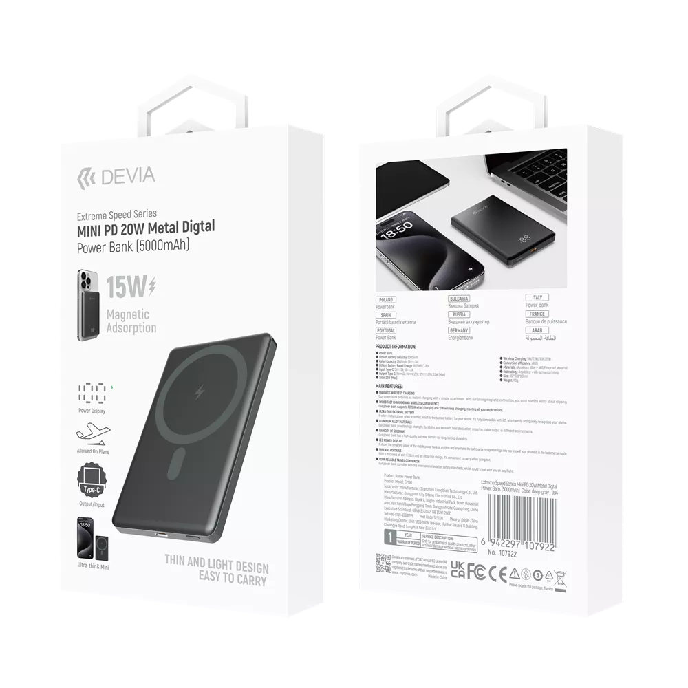 Devia - 5,000mAh 20W PD MagSafe Metal Mini Digital Powerbank - Space Grey
