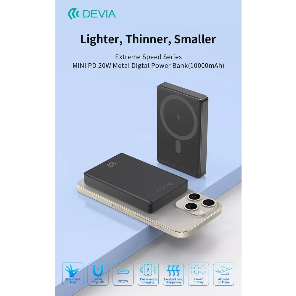 Devia - 10,000mAh 20W PD MagSafe Metal Mini Digital Powerbank - Space Grey