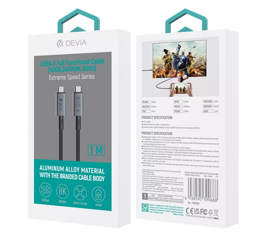 Devia - 1m (240W, 40GB/s & 8K 60hz) Power Delivery - USB-C to USB-C Aluminium Alloy Cable - Black