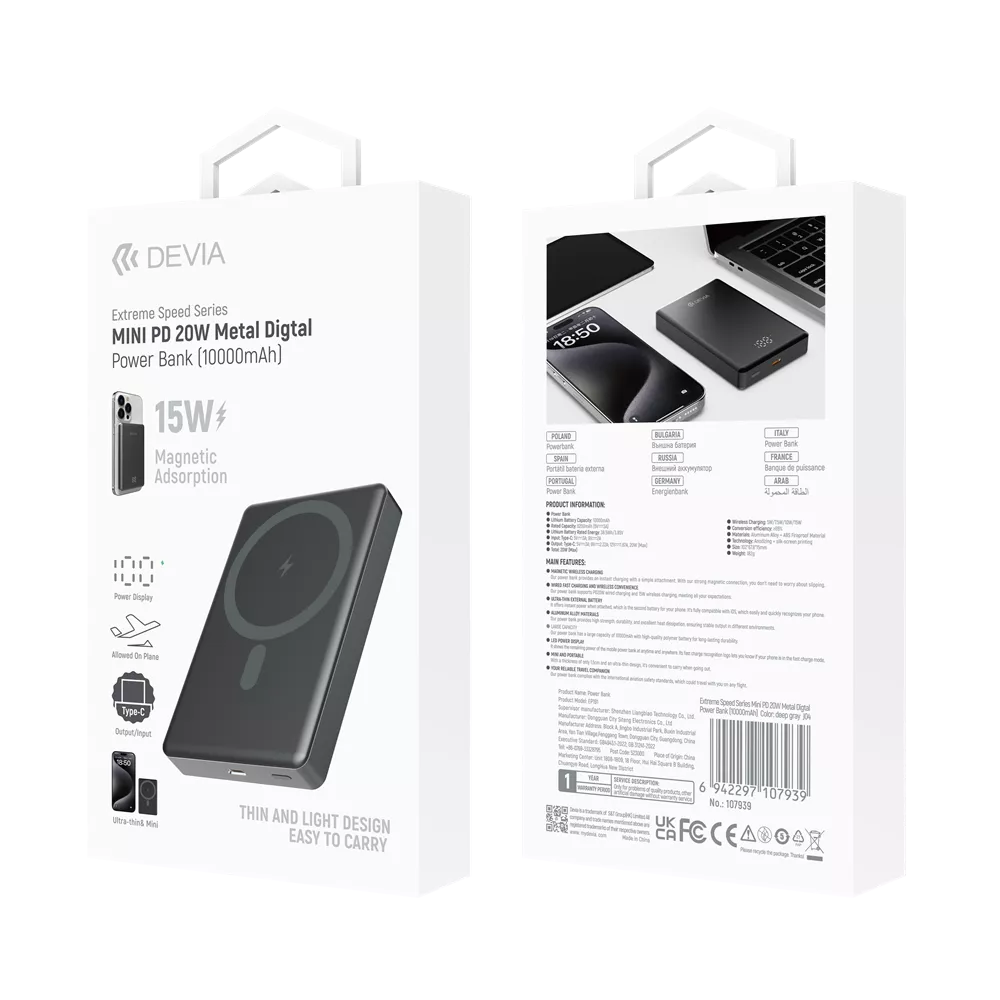 Devia - 10,000mAh 20W PD MagSafe Metal Mini Digital Powerbank - Space Grey