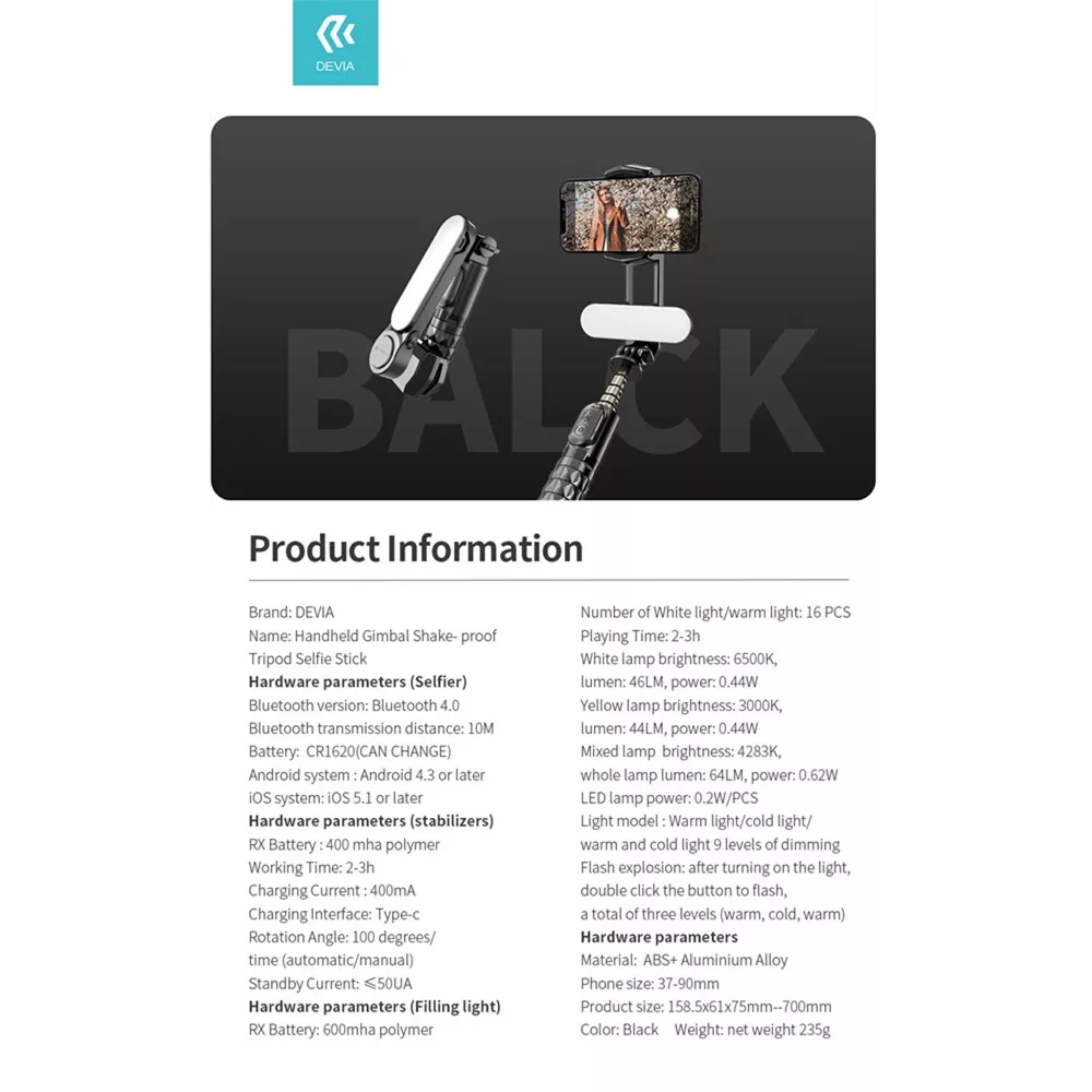 Devia - Handheld Gimbal Stabiliser Bluetooth Selfie Stick, Tripod & Light Bar - Black