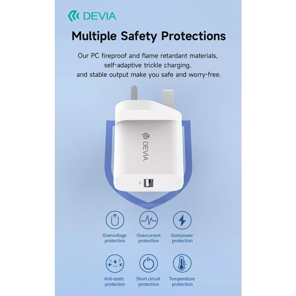 Devia - 2.4A USB 3-Pin UK Charging Plug - White
