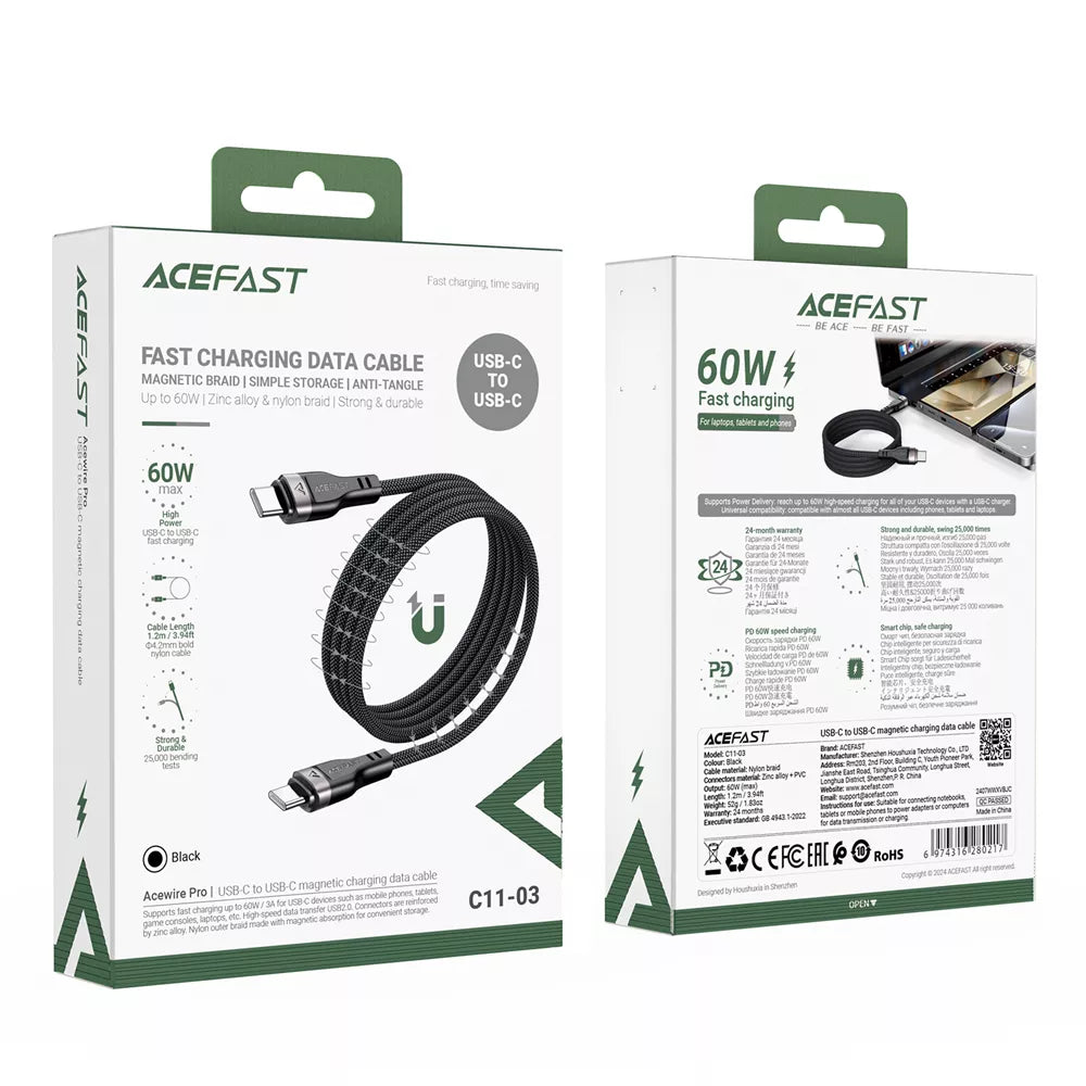 Acefast - 1.2m (60W) Power Delivery - USB-C to USB-C Magnetic Zinc Alloy Cable - Black