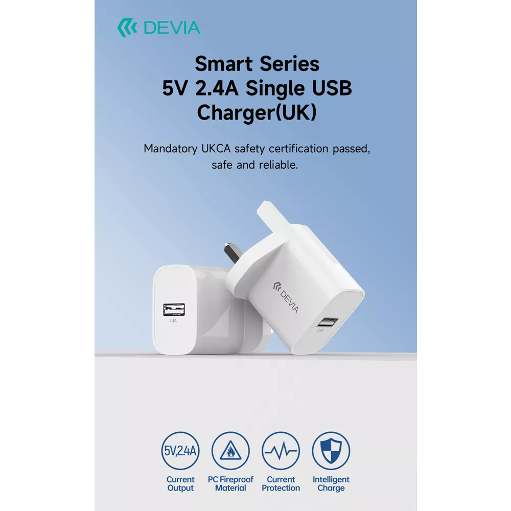 Devia - 2.4A USB 3-Pin UK Charging Plug - White