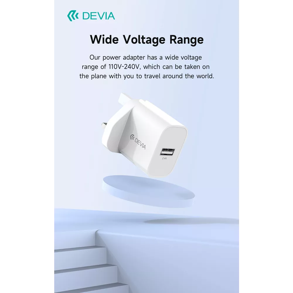 Devia - 2.4A USB 3-Pin UK Charging Plug - White