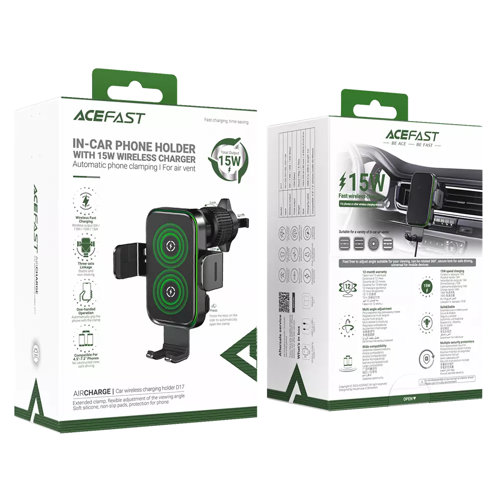 Acefast - 15W Automatic Sensor Wireless Charging Car Vent Holder - Black