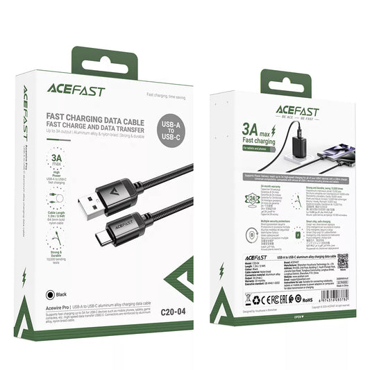 Acefast - 1.2m (3A) USB to USB-C Braided Aluminium Alloy Cable - Black