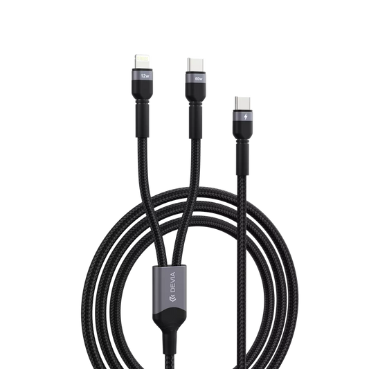 Devia - 1.2m (60W & 12W) Metal Woven Power Delivery - USB-C to USB-C & Non-MFI Lightning Cable - Black