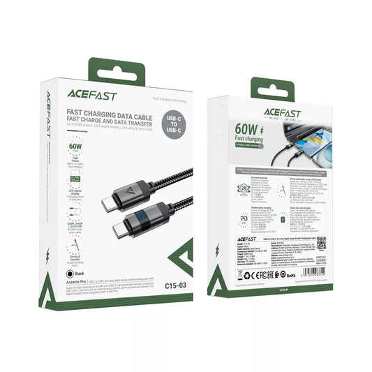 Acefast - 1.2m (60W) Power Delivery - USB-C to USB-C Digital Display Braided Zinc Alloy Cable - Black