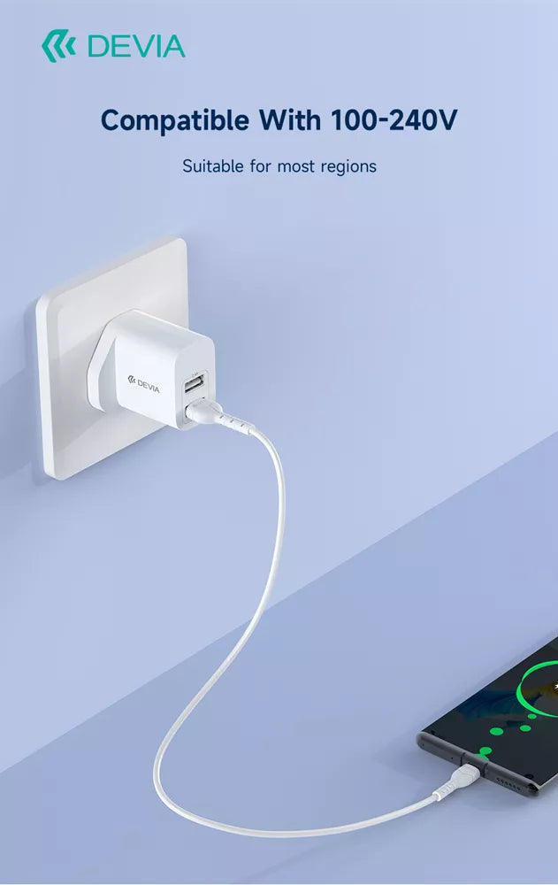 Devia - 2.4A Dual USB Plug & 1m USB-C Cable - White