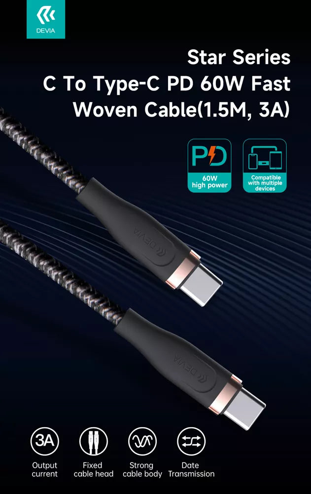 Devia - 1.5m (60W) Power Delivery Woven Gold Plated USB-C to USB-C Cable - Black