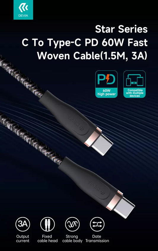 Devia - 1.5m (60W) Power Delivery Woven Gold Plated USB-C to USB-C Cable - Black