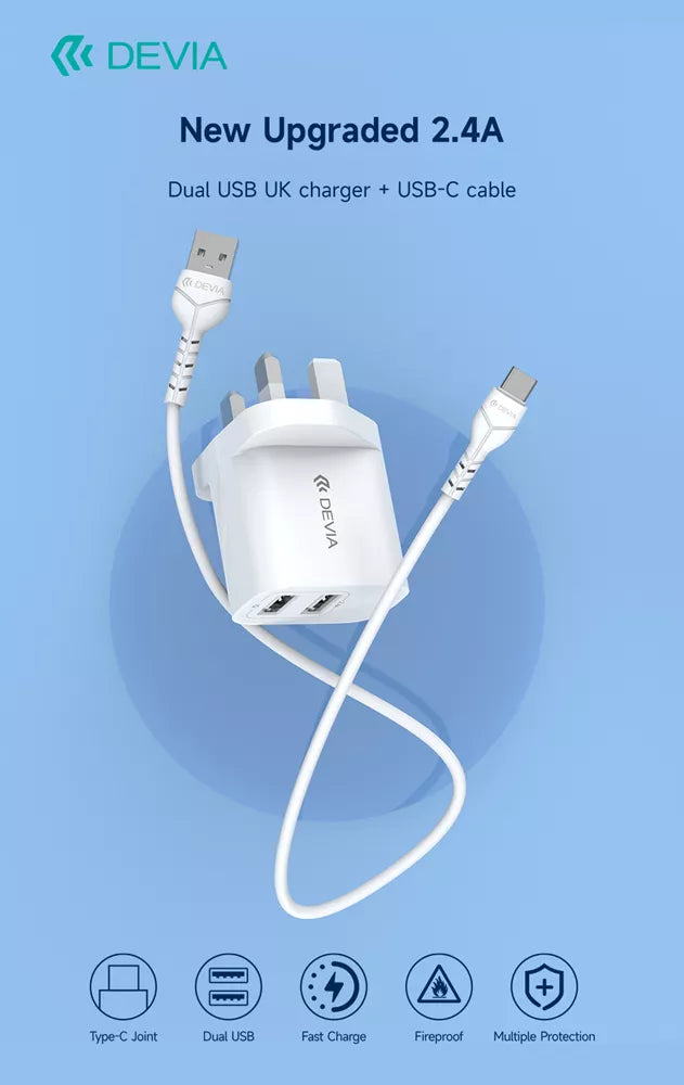Devia - 2.4A Dual USB Plug & 1m USB-C Cable - White