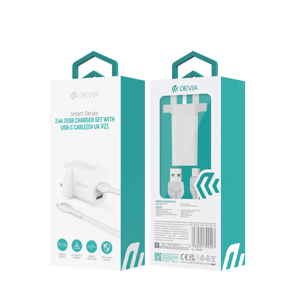Devia - 2.4A Dual USB Plug & 1m USB-C Cable - White