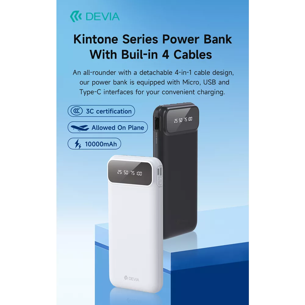 Devia - 10,000mAh Digital Display Powerbank & USB, Lightning, MicroUSB & USB-C Cable