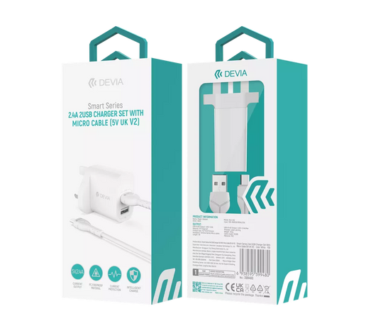 Devia - 2.4A Dual USB Plug & 1m MicroUSB Cable - White