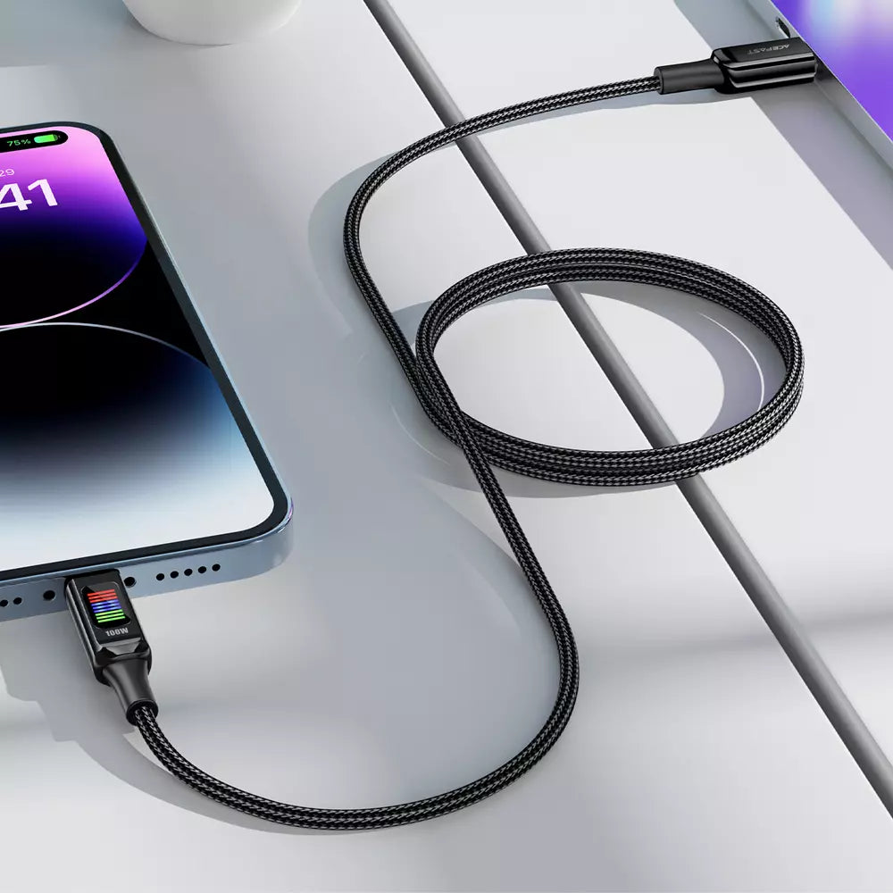 Acefast - 1.2m (100W) USB-C to USB-C Zinc Alloy Colour Display Cable - Black