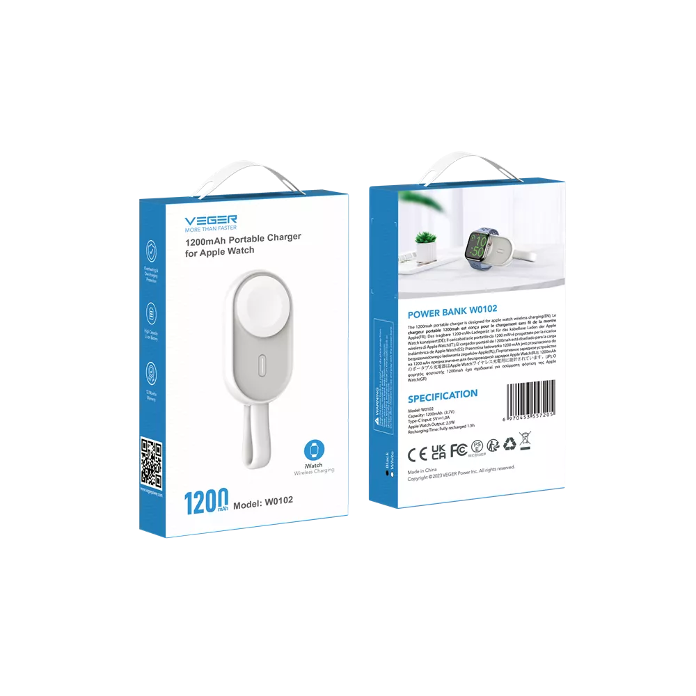 Veger - Pomme - 1,200mAh LED Indicator Pendant Ultra Portable Powerbank for Apple Watch - White