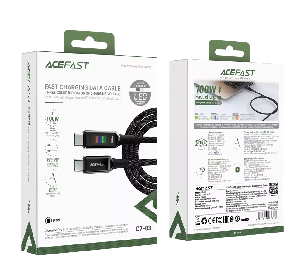 Acefast - 1.2m (100W) USB-C to USB-C Zinc Alloy Colour Display Cable - Black