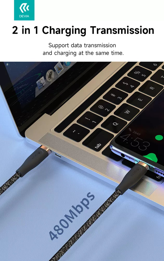 Devia - 1.5m (60W) Power Delivery Woven Gold Plated USB-C to USB-C Cable - Black