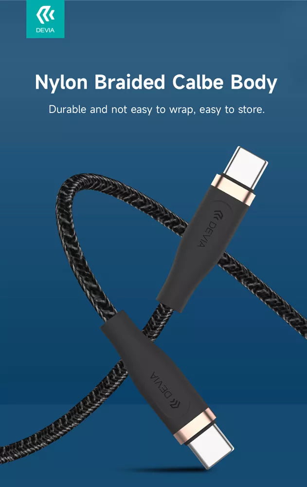Devia - 1.5m (60W) Power Delivery Woven Gold Plated USB-C to USB-C Cable - Black