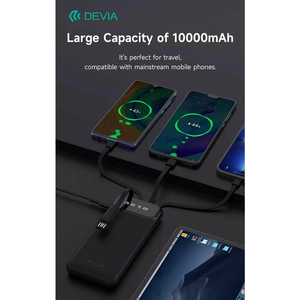 Devia - 10,000mAh Digital Display Powerbank & USB, Lightning, MicroUSB & USB-C Cable