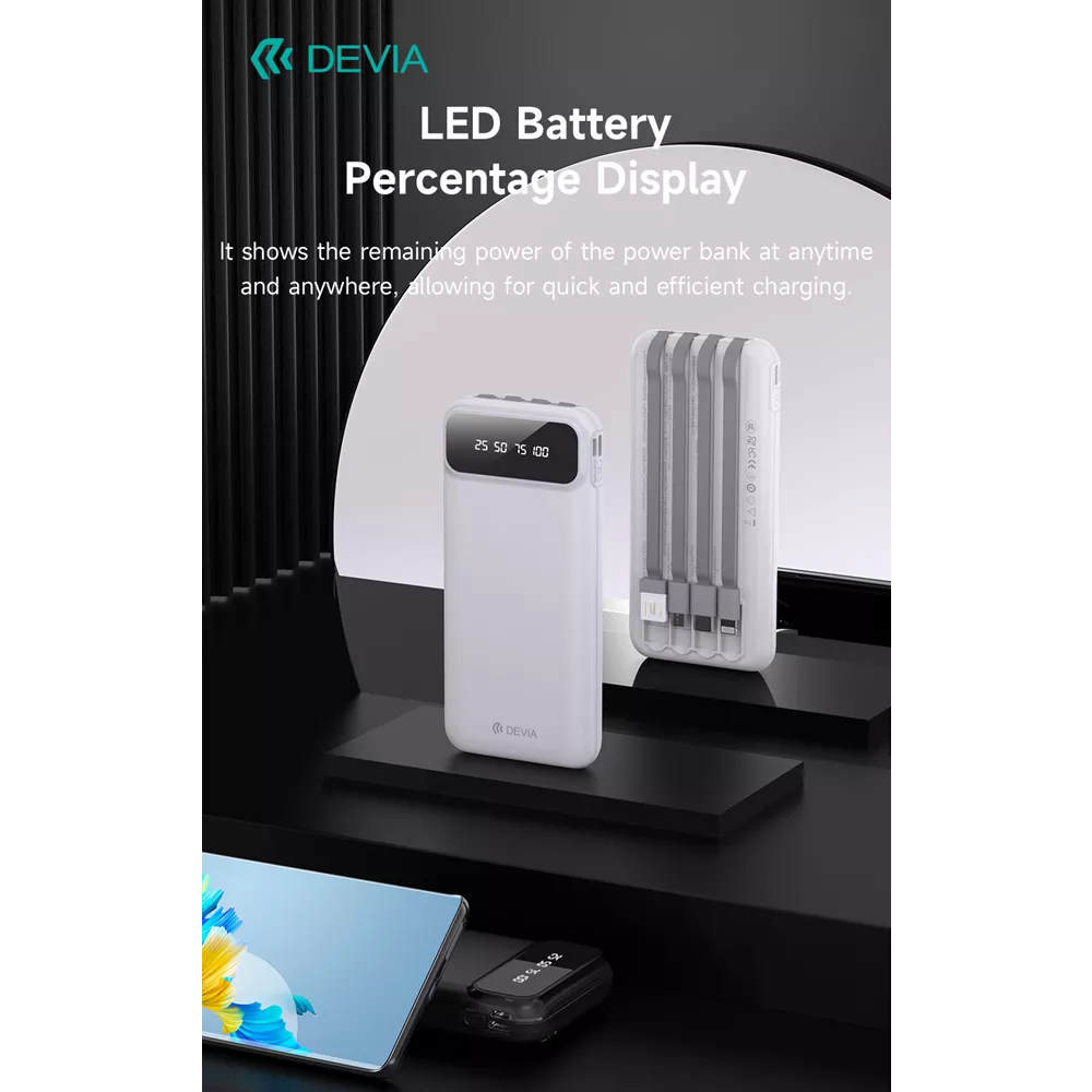 Devia - 10,000mAh Digital Display Powerbank & USB, Lightning, MicroUSB & USB-C Cable