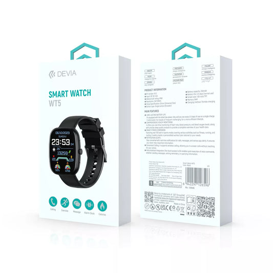 Devia - WT5 - Wireless Calling Bluetooth Waterproof SmartWatch - Black