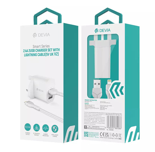 Devia - 2.4A Dual USB Plug & 1m Non-MFI Lightning Cable - White