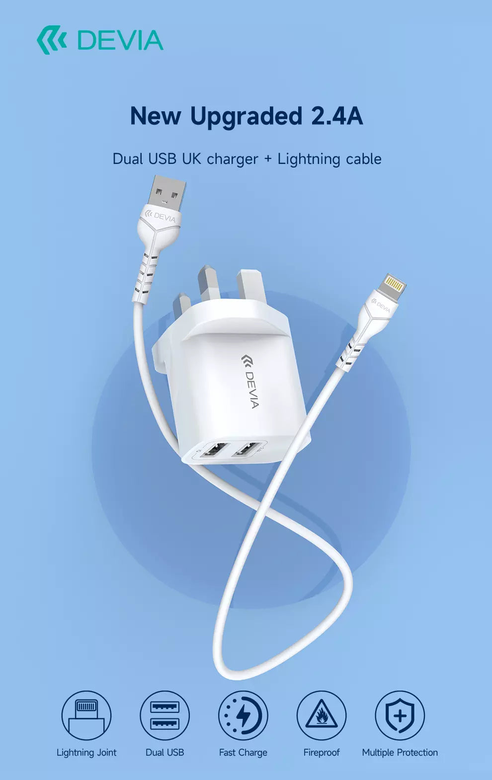 Devia - 2.4A Dual USB Plug & 1m Non-MFI Lightning Cable - White