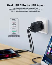 Acefast - 65W GaN Dual Type C & USB Power Delivery 3-Pin UK Charging Plug - Black