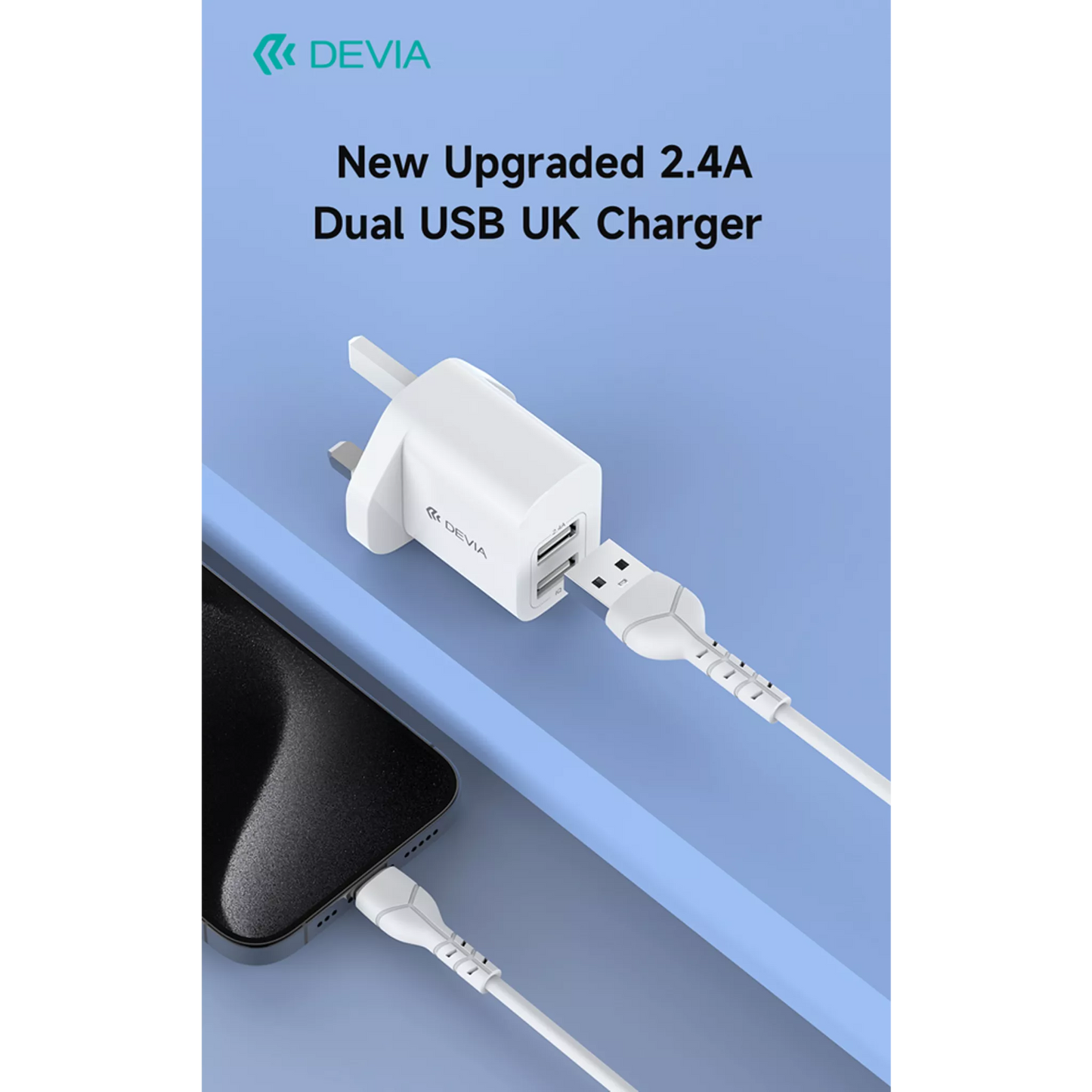 Devia - 2.4A Dual USB 3-Pin UK Charging Plug - White