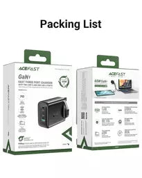 Acefast - 65W GaN Dual Type C & USB Power Delivery 3-Pin UK Charging Plug - Black