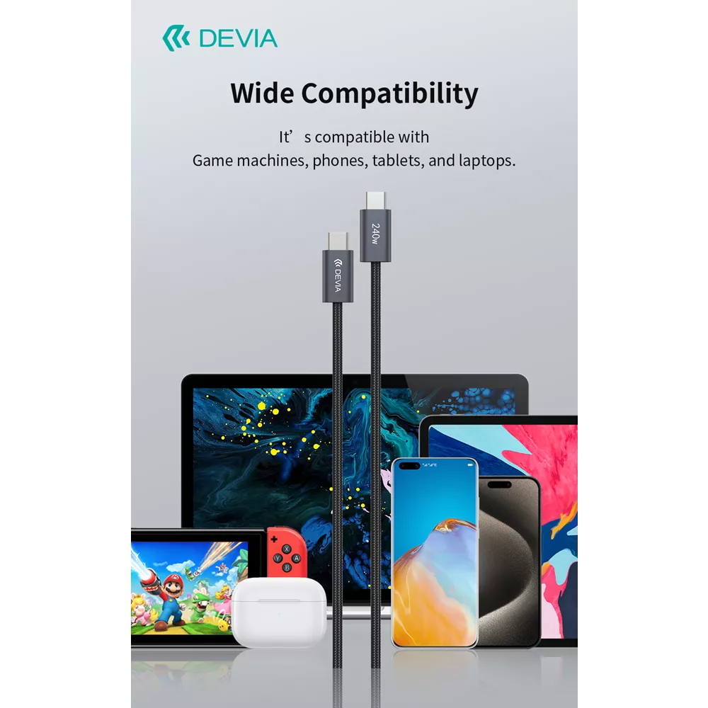 Devia - 2m (240W, 5A, 40GB/s & 8K 60hz) Power Delivery - USB-C to USB-C Mesh Armour Cable - Black