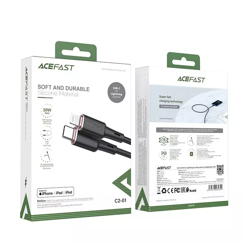 Acefast - 1.2m (30W) Power Delivery - Type C to MFI Lightning Silicone Cable - Black