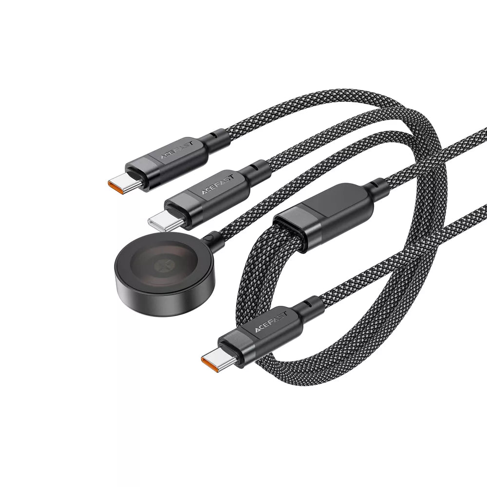 Acefast - 3 in 1 Cable - 1.2m (100W) USB-C to 2 x USB-C & Apple Watch Braided Aluminium Alloy Cable - Black