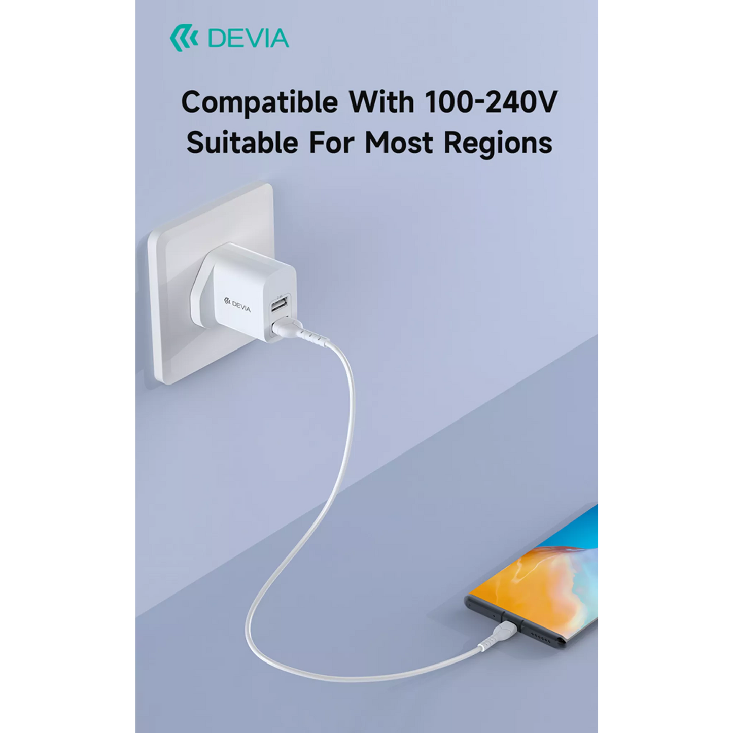 Devia - 2.4A Dual USB 3-Pin UK Charging Plug - White