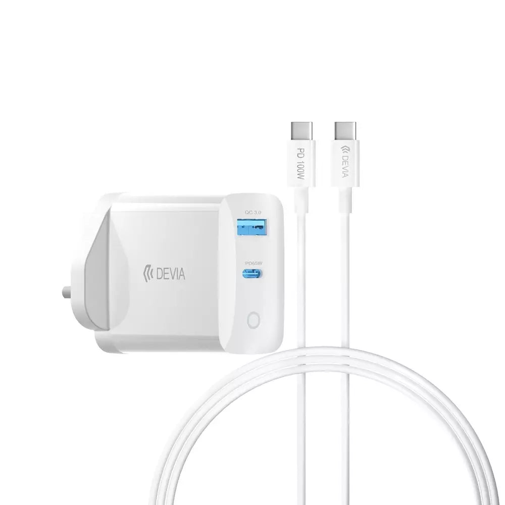 Devia - 65W GaN Type C PD & QC4.0 3-Pin UK Mini Charging Plug & 1.5m 100W Type C to Type C Cable - White