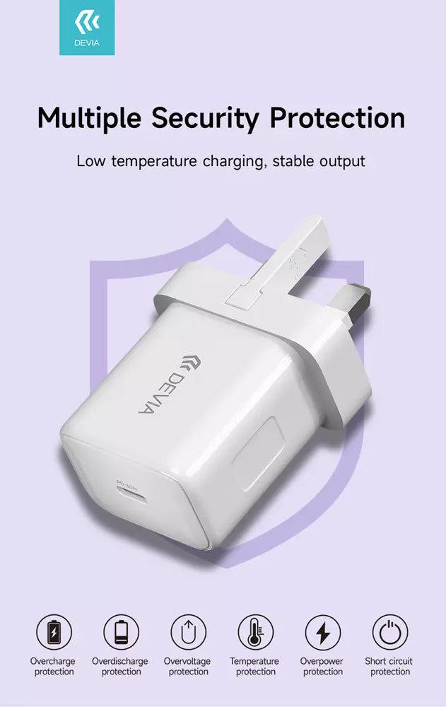 Devia - 30W Type C 3-Pin UK Charging Plug & 1.2m Type C to Type C Cable - White