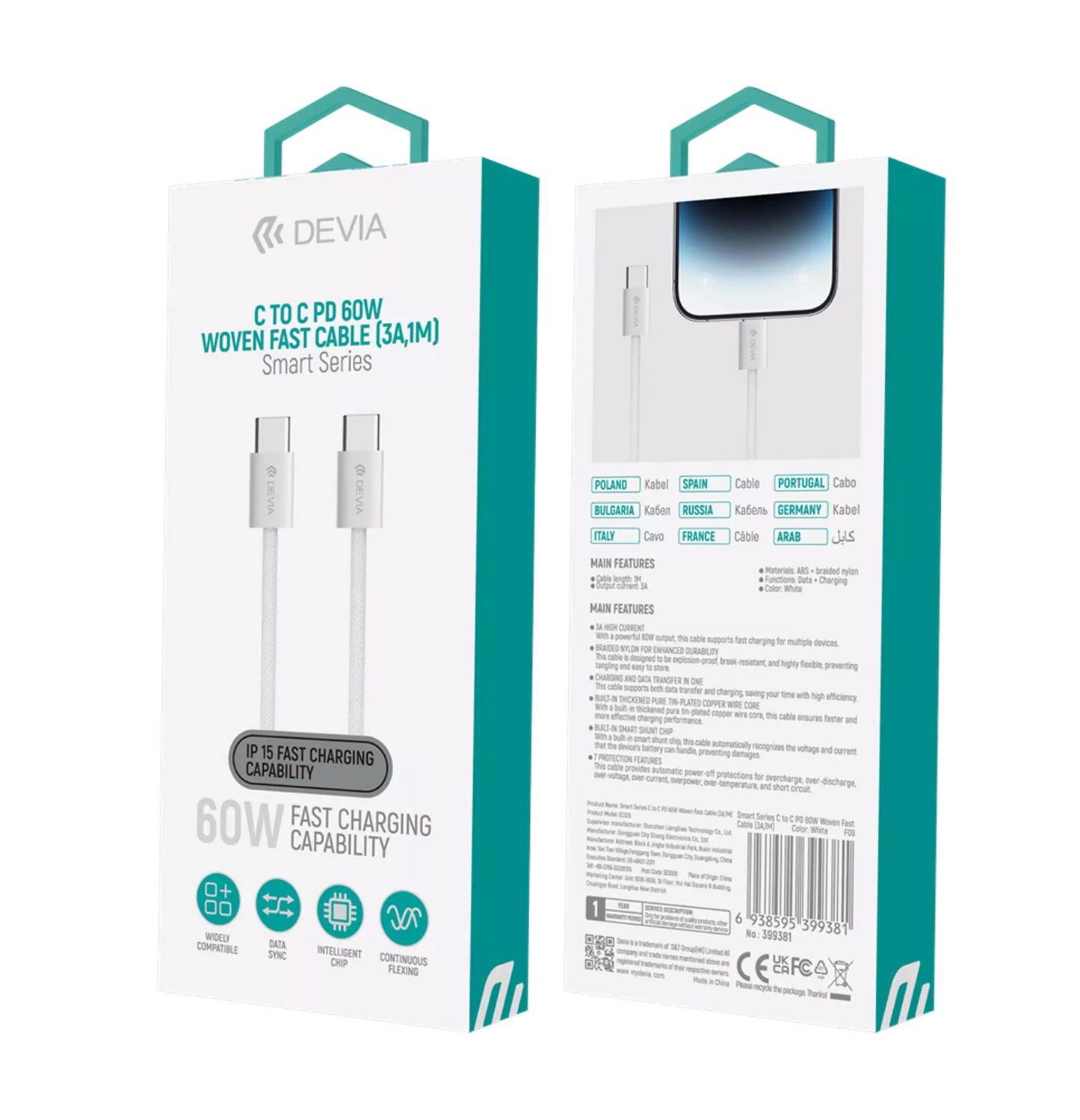 Devia - 1m (60W) Woven Braided Power Delivery - USB-C to USB-C Cable