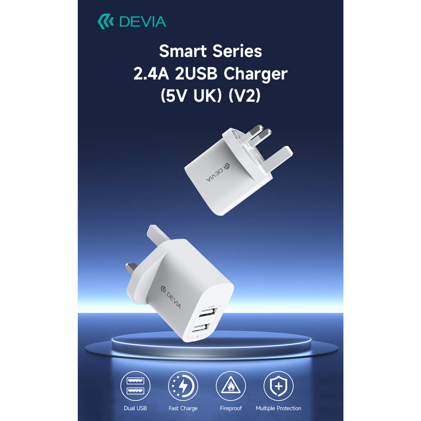 Devia - 2.4A Dual USB 3-Pin UK Charging Plug - White